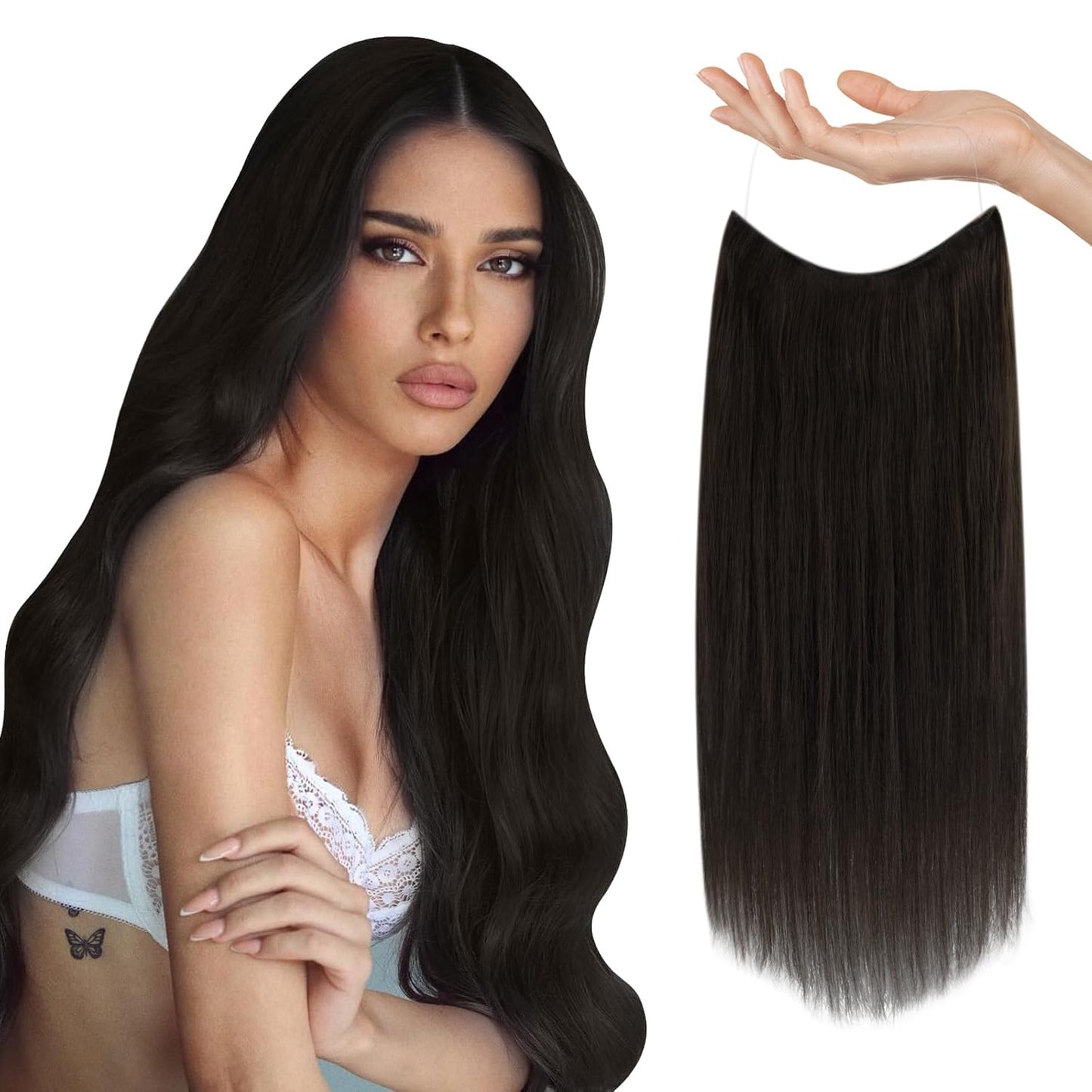 Sunny Wire Hair Extensions Real Human Hair Fish Line Human Hair Extensions Invisible Wire Extensions Darkest Brown #2 12 Inch