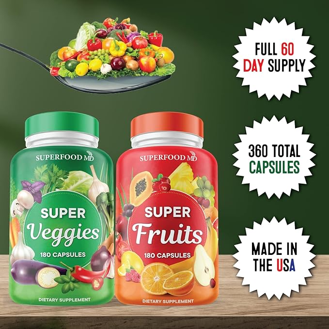 Superfood Fruit and Veggie Supplement - 360 Whole Super Fruit and Vegetable Supplements & Vitamin, Natural Energy Levels, with Olive Leaf Soy Free- 180 Count (Pack of 2)