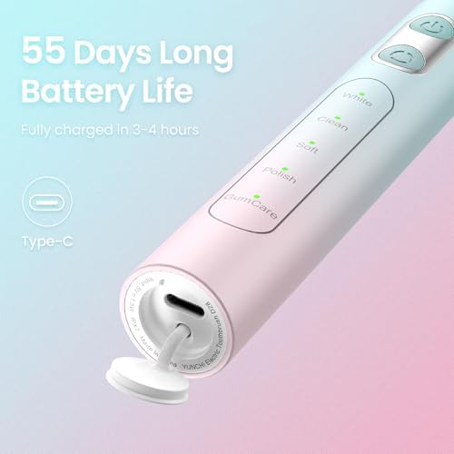 YUNCHI Electric Toothbrush for Adults and Kids, Rechargeable Battery Toothbrush, 8 Brush Heads, 5 Modes, 44000 VPM Motor-2 Min Smart Timer, IPX7 Waterproof, Travel Case, 55 Days-Pink & Blue Gradient