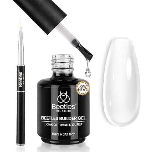 Beetles Low Heat Builder Nail Gel 0.51 OZ 7 in 1 Clear Strengthener Gel for Weak & Thin Nails Building Nail Apex & Extension with Detachable Liner Nail Brush for Beginners & DIY Salon Manicure