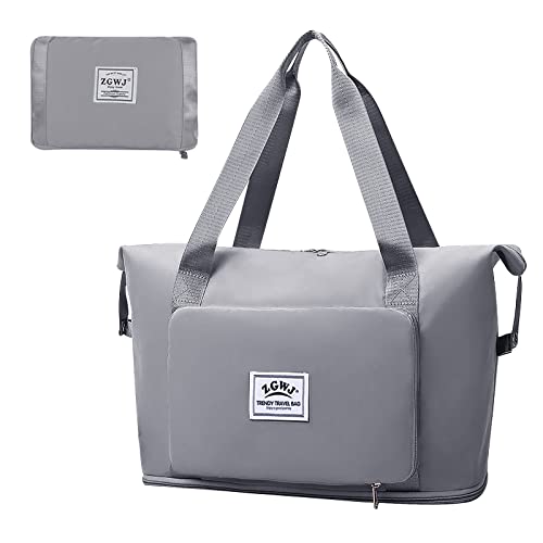 ZGWJ Travel Duffel Tote Bag,Waterproof Shoulder Weekender Bag For Women and Men Swim Sports Travel Gym Bag，Foldable and expandable bag Lightweight and easy Carry on Grey