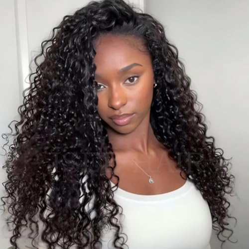 ISEE Half Wig Human Hair Water Wave Human Hair Glueless Wigs Seamless Clip Ins Flip Over Wear Go Wig Invisible Hairline Beginner Friendly 20 Inch
