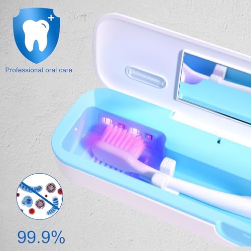 UV Toothbrush Sanitizer and Holder, Portable Travel Case and Cover, Toothbrush Cleaner Powered by AA Battery or USB-C, Fits Most Brushes