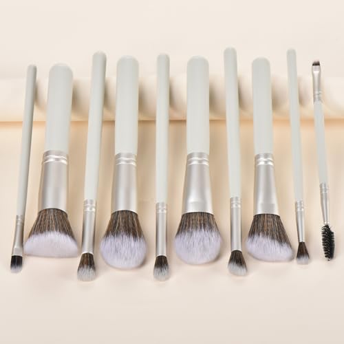 Gift Ready 10 Piece grayish green Makeup Brushs Set and 2 Piece Makeup Sponge – Wooden Handle with Soft Synthetic Bristles, Concealer, Powder – (Ideal for Christmas, Birthday, Women)
