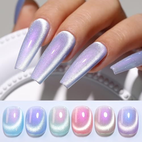 Double Rhythm 6 Colors Cat Eye Gel Polish Set Shimmer Glitter with Magnet Holographic Reflective Magnetic UV Nail Art Kit (6-Kit 11)