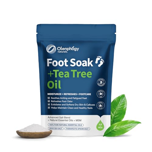 Tea Tree Oil Foot Soak with Epsom Salt - For Stinky Feet, Softens Callus, Cracked Heel Care, Toenail Repair - Epsom Salts for Soaking for Pain, Pedicure Foot Spa for Women, Men, 16oz