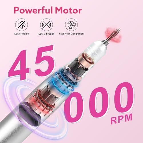 Nimmu Portable Nail Drill Professional, 45000RPM Electric Nail File for Acrylic Nail Remove Gel Polish, Rechargeable Nail Drill Machine with 11 Bits Kit for Manicure Salon Home (Pink)