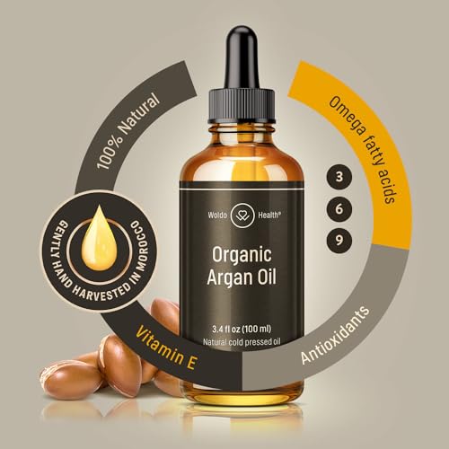 Organic Argan Oil Cold Pressed 3.4 Fl Oz - Moroccan Beauty Oil for Hair, Skin, Nails & Face, Vitamin E Rich, Non-Greasy, Natural Moisturizer