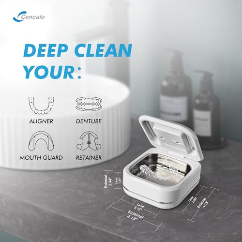 Ultrasonic Retainer Cleaner Machine with 2 Digital Timer, U-V Dental Cleaning Pod with Viewing Port,180ml Portable Denture Cleaner for Mouth Guards, Night Guards, Aligners, Brace, Jewelry, 42kHz White