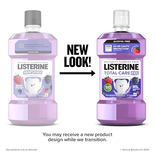 Listerine Total Care Kids Mouthwash, ADA Accepted, Alcohol-Free Anticavity Sodium Fluoride Mouthwash, Oral Rinse for Cavity Protection, Berry Splash Flavor for Kids Oral Care, 16.9 Oz, 6-Pack