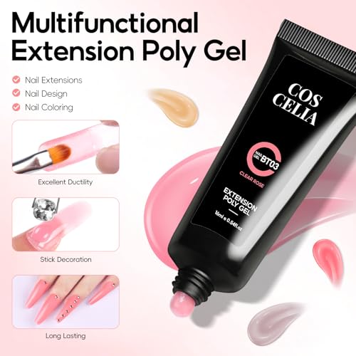 COSCELIA 44PC Poly Nail Gel Kit Starter Kit 16ML 15 Colors Poly Extension Gel with U V Lamp Slip Solution Glitter Decorations Nail Extension Gifts for Women