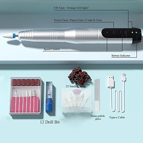 Electric Nail Drill Cordless, TOUCHBeauty Electric Nail File Machine Professional 12 in 1 for Acrylic Gel Nails, Manicure Pedicure Kit for Polishing Rechargeable (Silver)