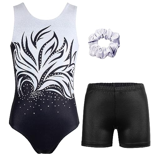 MODAFANS Leotards for Girls Gymnastics with Shorts Ballet Dance Set Athletic Leotards with Hair Scrunchie Black White,4-5Years
