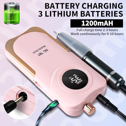 Portable Nail Drill Cordless,35000 RPM Electric Nail File with Holder,Rechargeable Nail Drill E Filer for Nails,Electric Nail Buffer Nail Filer Electric Tool for Women (Pink)