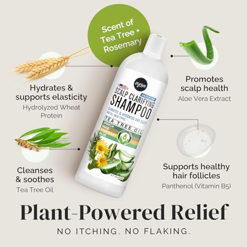 Puriya Tea Tree Clarifying Shampoo. Plant Rich Dry Itchy Scalp Relief, for Kids, Adults, Sulfate Free, No Harsh Chemicals Seen in Dandruff Treatment, Seborrheic Dermatitis, Psoriasis Shampoo, 16 oz
