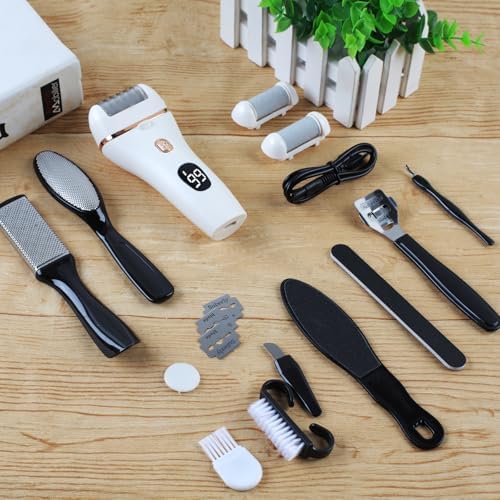 Electric Callus Remover for Feet, 17-in-1 Professional Pedicure Kit, Foot Scrubber Electric Foot File for Hard Cracked Dry Dead Skin, 3 Rollers, 2 Speed, Battery Display