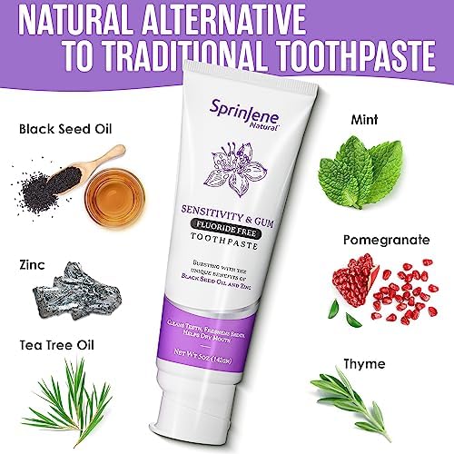 SprinJene Natural Sensitivity & Gum, Fluoride Free Toothpaste for Strong Teeth & Gums - Natural Toothpaste to Soothe Dry Mouth & Freshen Breath | 2 Pack