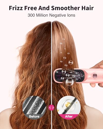 Cordless Hair Straightener Brush - Portable Hair Brush for Travel - 30s Fast Heating - 300 Million Negative Ions for Frizz-Free Shine, Touch Up On-The-Go, Gift for Women,10,000mAh