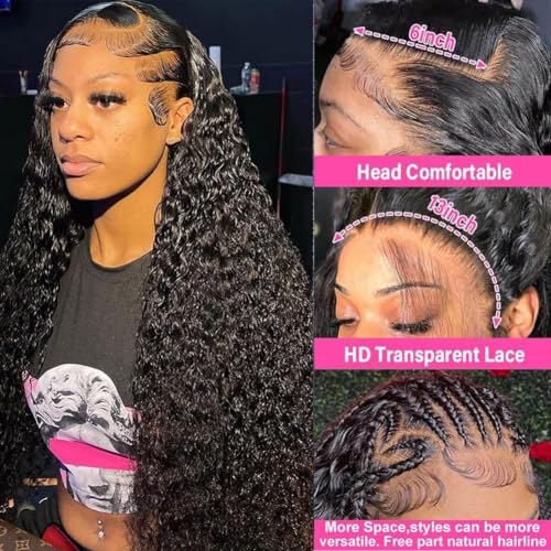 28 Inch 13x6 Deep Wave Lace Front Wigs Human Hair Pre Plucked 200% Density 13x6 HD Transparent Lace Frontal Curly Wig Human Hair Glueless Deep Curly Wigs for Women Natural Black