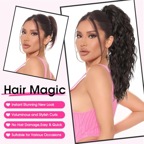 RONTAYA Ponytail Extension, 18 Inch Black Claw Clip Ponytail Extensions for Women, Multi Layered Fluffy Thick Wavy Jaw Clip in Fake Pony Tails Fake Hair Soft Synthetic Hairpiece