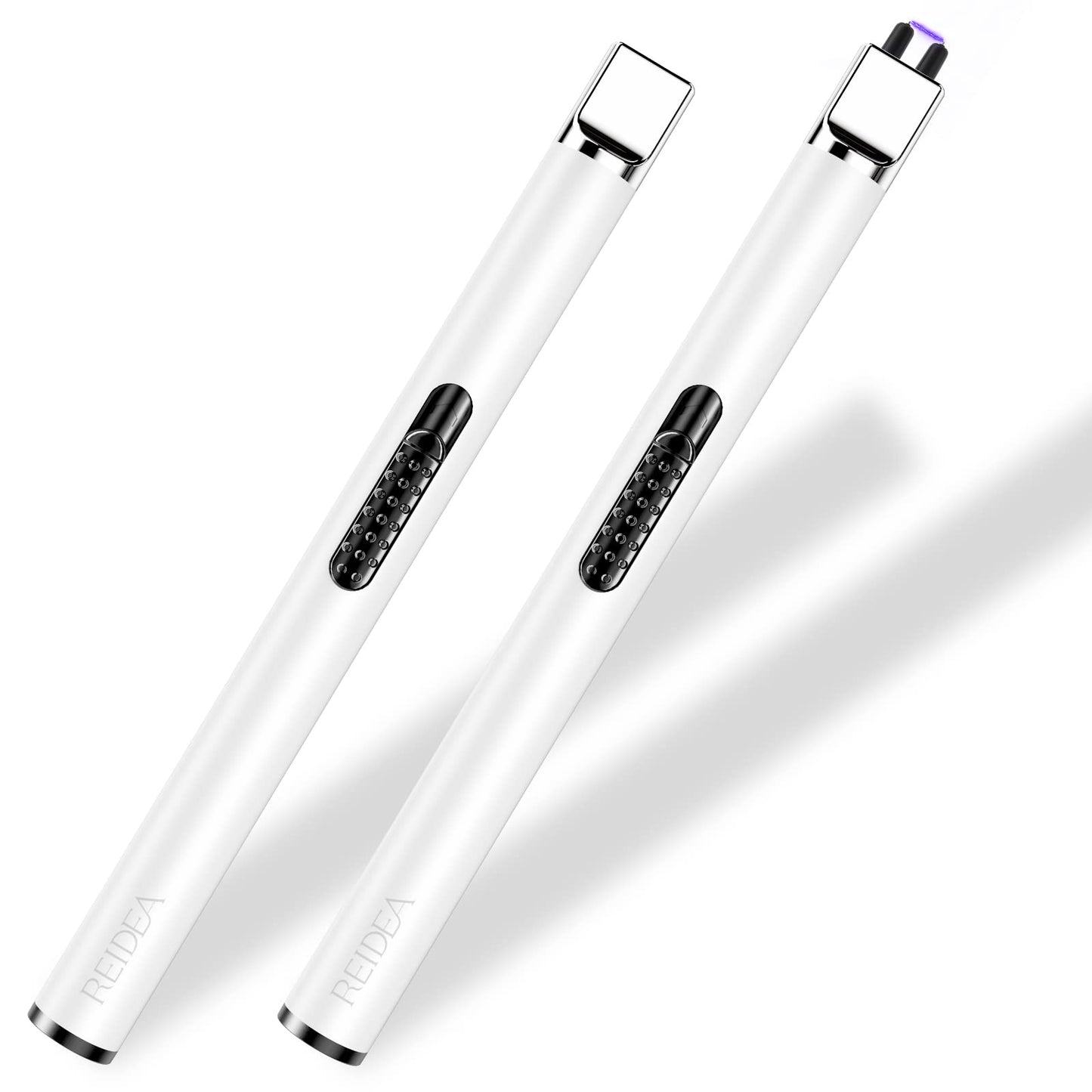 REIDEA Electronic Candle Lighter Arc Windproof Flameless USB Rechargeable Lighter with Safe Button for Home Kitchen (2 Pack White)