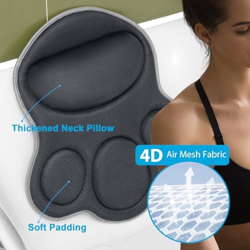 Luxury Bath Pillows for Tub – Extra Thick Non-Slip Bathtub Pillow with Rubber Back, Head & Neck Support for Soaking, Spa Bath Accessories, for Women, Fits All Bathtubs (Gray)