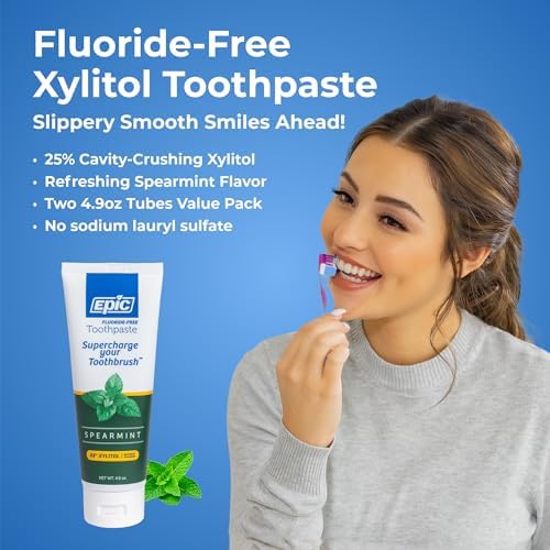 Epic Xylitol Toothpaste - Made with Xylitol for Clean Teeth & Gum Health - Fluoride Free Toothpaste Adult - SLS Free, Spearmint Flavored, 4.9oz Tube (Pack of 2)