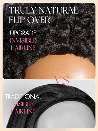 LUVME HAIR Half Wig Kinky Curly Flexi-Fit Invisi 3 in 1 Wigs Flip Drawstring Wig 200% Density Glueless Wigs 100% Human Hair Natural Black Ready to Go Headband Wig for Women 18 Inches