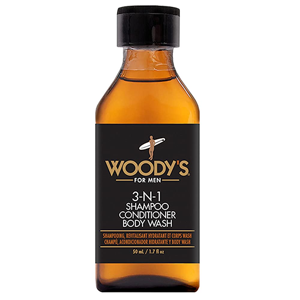 Woody's Shampoo, Conditioner, & Body Wash for Men, Multipurpose Cleanser With Marine Extracts, Cucumber Fruit Extract, and Aloe Vera, Travel Sized, 1.7 Fl Oz