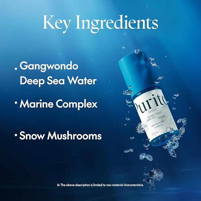 PURITO Hydro Wave Deep Sea Serum, 60 mL / 2.02 fl. oz., Hydrating Face Serum, Lightweight & Non-Greasy, Skin Moisture Boost, Korean Skincare, For Sensitive Skin, Hyaluronic Acid & Deep Sea Water