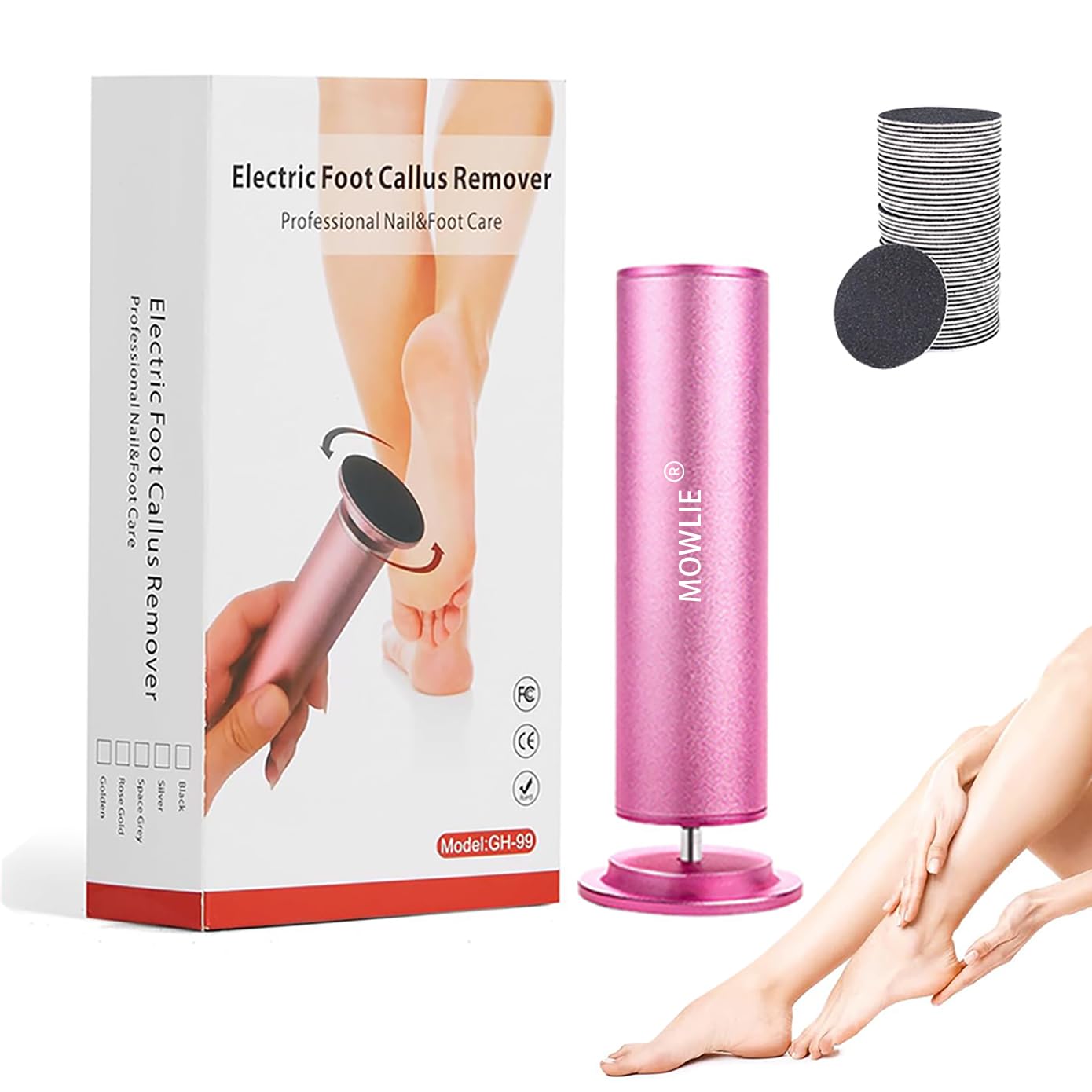 Electric Foot Callus Remover,MOWLIE Electric Foot Care Tools with Speed Controller and 60pcs Replacement Sandpaper Disk for Men Women Dead Dry Crack Skin Calluses (Pink)