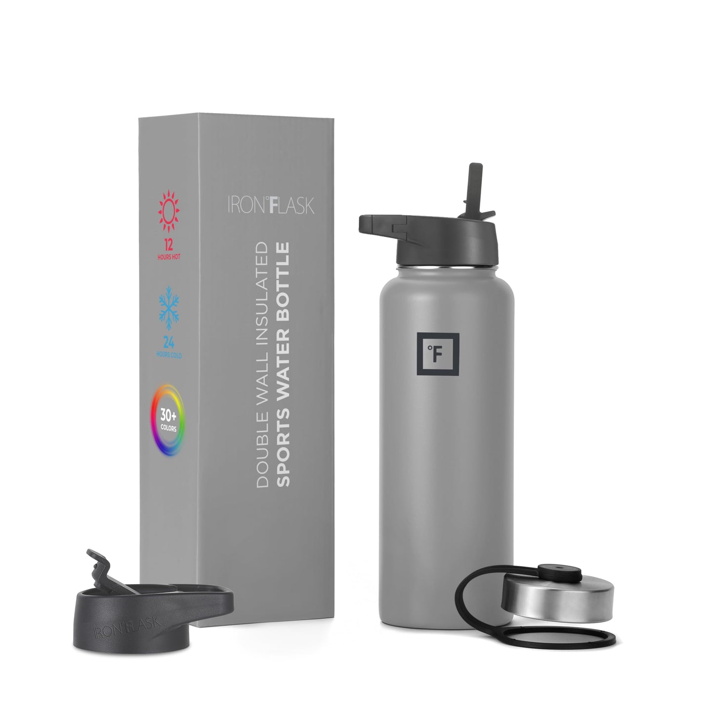 IRON °FLASK Camping & Hiking Hydration Flask, Wide Mouth, 3 Straw Lids, Stainless Steel Outdoor Water Bottle, Double Walled, Insulated Thermos, Metal Canteen - Graphite Slate, 40 Oz