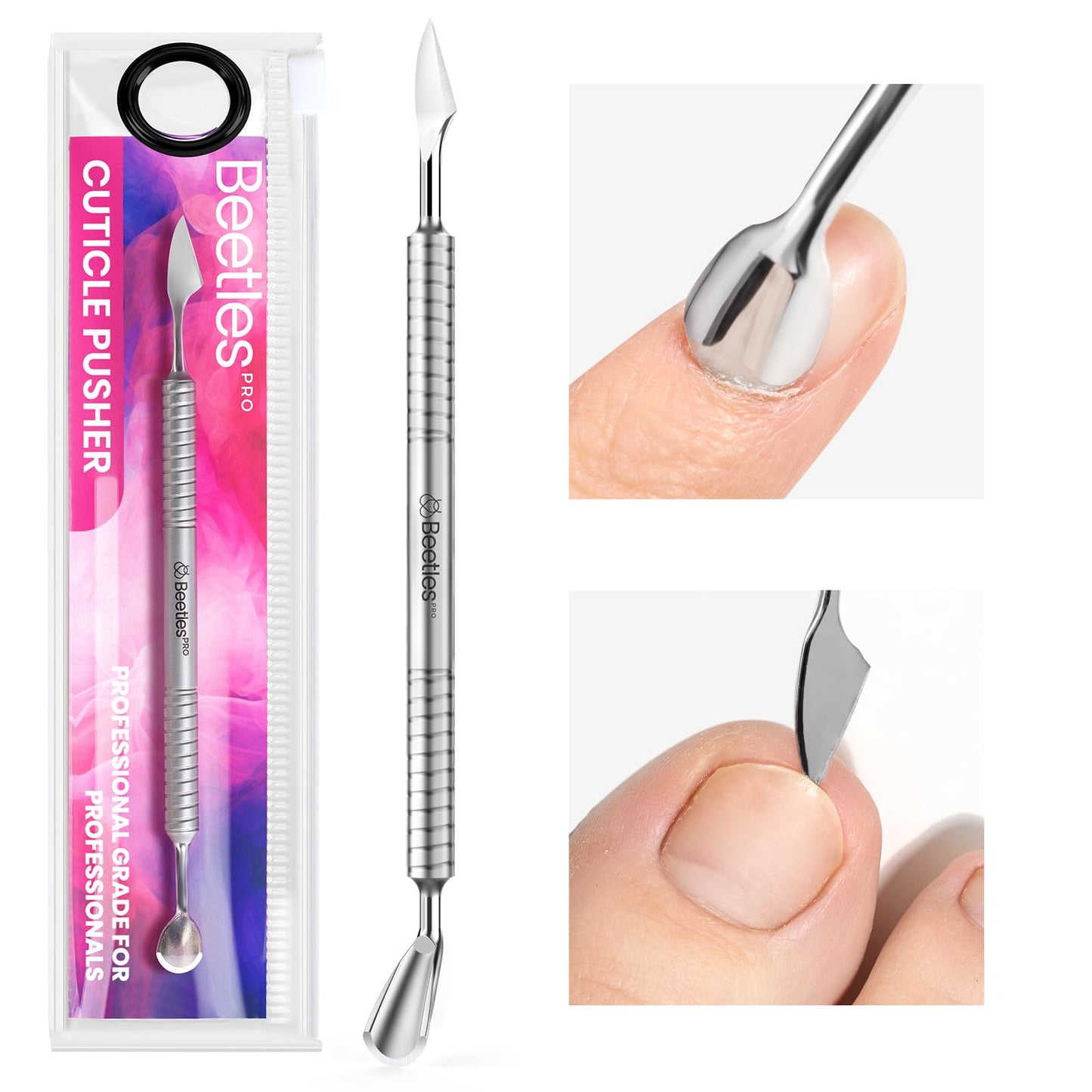 Beetles Professional Dual-Ended Cuticle Pusher, Stainless Steel Horseshoe (11mm) and Angled Blade (13mm) for Precise Cuticle Care, Dead Skin Removal, Acrylic Nail Shaping, Anti-Slip Handle Design