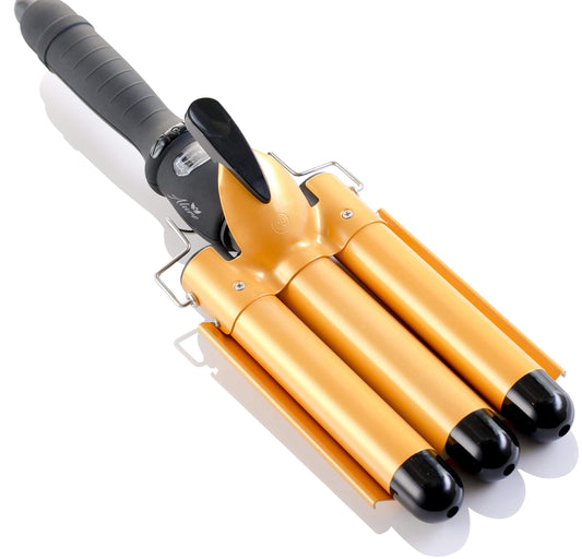 Alure Three Barrel Curling Iron Wand Hair Waver with LCD Temperature Display - 1 Inch Ceramic Tourmaline Triple Barrels, Dual Voltage Crimp (zGold)