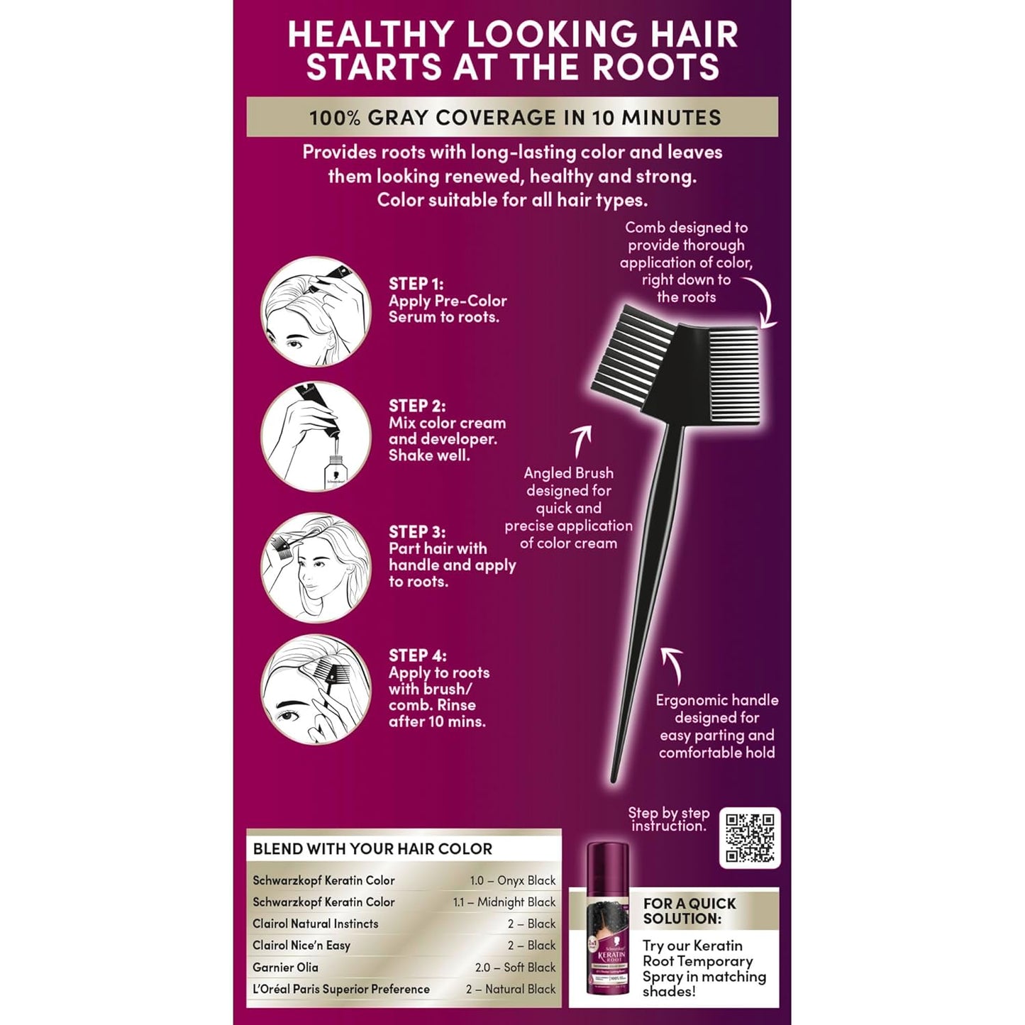 Schwarzkopf Keratin Color Root Permanent Hair Color Kit, Black, 1 Application - Salon Inspired Permanent Hair Dye, for up to 80% Less Breakage vs Untreated Hair and up to 100% Gray Coverage