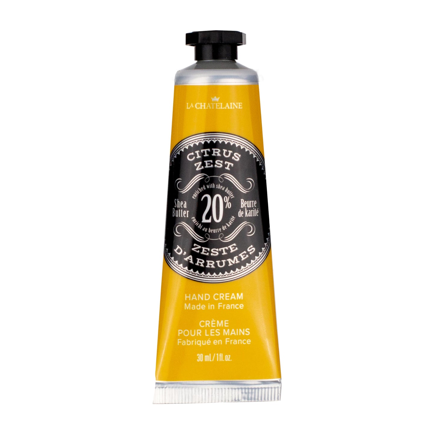 La Chatelaine 20% Shea Butter Hand Cream Travel Size, Men, Unisex, Organic Argan Oil, Moisturizing, Nourishing, Extra-Rich Hand Lotion, Made in France, Paraben Free, 1 oz / 30ml (Citrus Zest)
