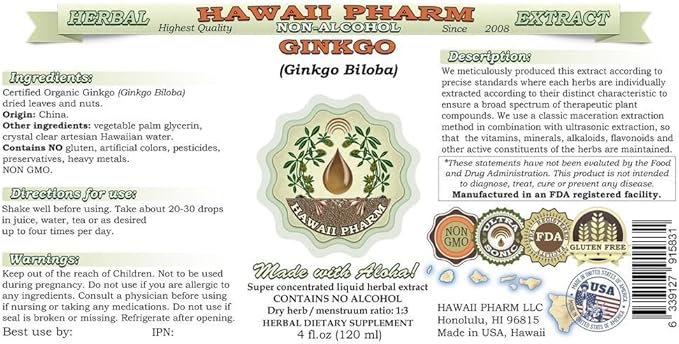 Ginkgo Alcohol-Free Liquid Extract, Organic Ginkgo (Ginkgo Biloba) Dried Leaf Glycerite Hawaii Pharm Natural Herbal Supplement 2x4 oz