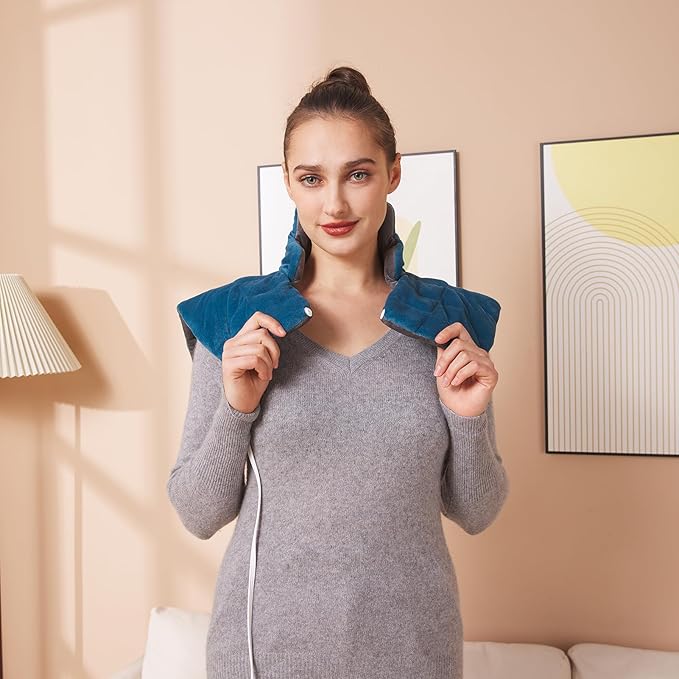 Ambershine 19''x24'' Weighted Neck & Shoulder Heating Pad, 2.5lbs with 12 Temperature Settings& 4 Auto-Off Timers, Pain Relief for Neck/Shoulder/Back, Christmas Gifts for Women Men Mom Dad (Gray&Blue)
