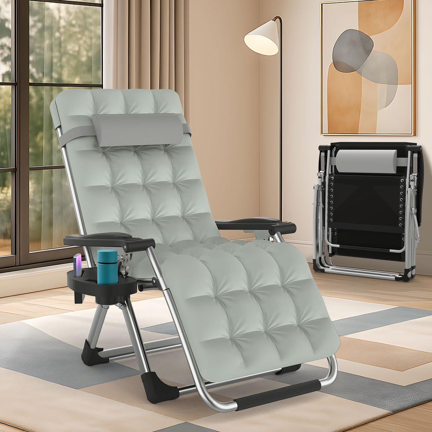 Slendor Zero Gravity Chair Lounge Chair Recliner w/Upgraded Lock and Removable Cushion, Reclining Camping Chair w/Cup Holder Tray & Headrest, Folding Reclining Patio Chairs for Indoor Outdoor, Gray