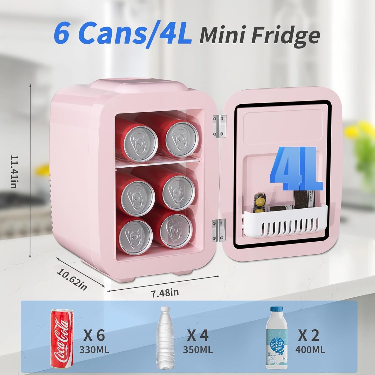 YASHE Mini Fridge, 4 Liter/6 Cans Small Refrigerator for Skincare, 110V AC/ 12V DC Thermoelectric Cooler and Warmer for Drink Office Dorm Bedroom Car, Pink