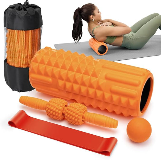5 in 1 Foam Roller Set - Massage Roller Back Roller Foam, Muscle Roller Stick, Massage Ball, Resistance Band for Physical Therapy & Deep Tissue Muscle Massage (Orange)