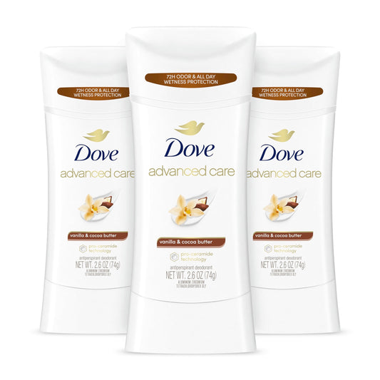 Dove Advanced Care Antiperspirant Deodorant Stick Vanilla & Cocoa Butter 3 Count Antiperspirant deodorant with Pro-Ceramide Technology 72-hour odor control and all-day sweat protection 2.6 oz