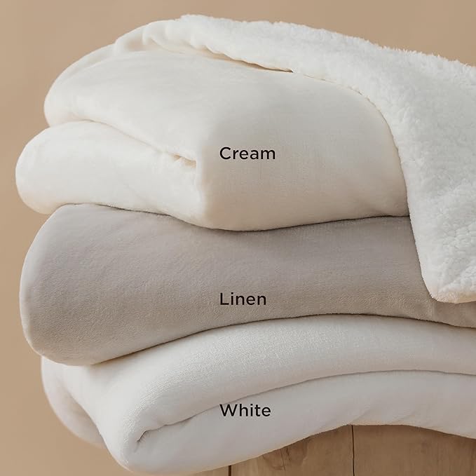 Bedsure Sherpa Fleece Blankets Queen Size for Bed - Thick and Warm, Soft Fuzzy Plush Queen Blanket for Winter, Cream, 90x90 Inches