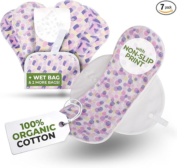Non-Slip Organic Reusable Panty Liners for Women & Teens (Medium, 7-Pack); High-Temp Washable Cotton Cloth Liners; Stay Fresh & Dry, for Daily Vaginal Discharge Only; 100% Breathable (no PUL/TPU)