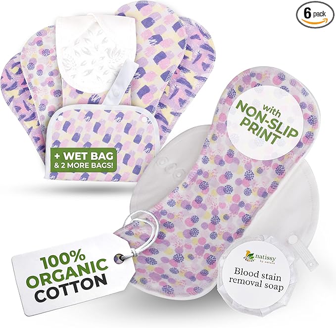 Non-Slip Organic Reusable Period Pads for Heavy Flow & Incontinence (L+XL, 6-Pack); High-Temp Cotton Washable Cloth Pads for Women; Non-Irritating, Soft Reusable Pad Menstrual for Comfortable Care