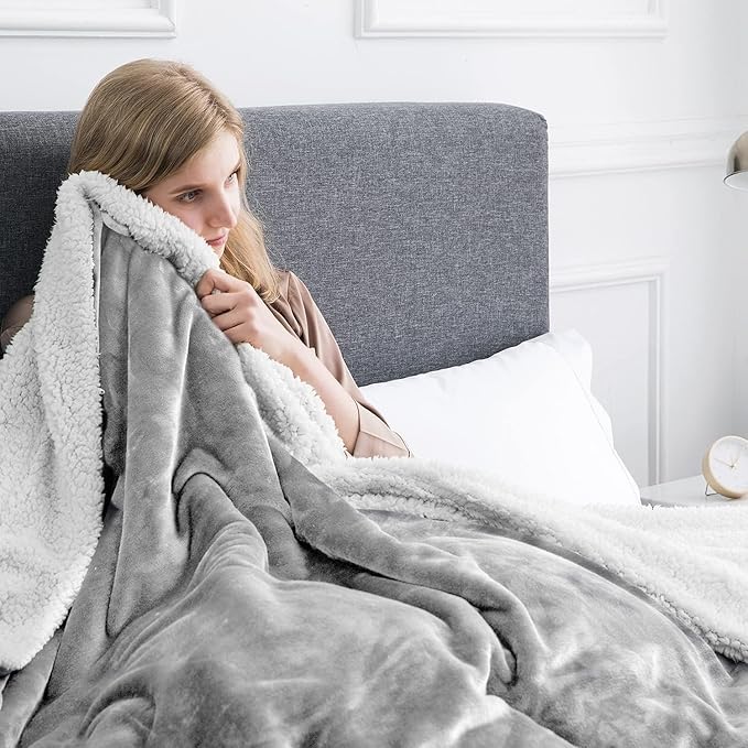 IR Imperial Rooms Sherpa Fleece Throw Blanket Twin Size for Couch - Thick and Warm Fluffy Blankets for Winter, Soft and Fuzzy Twin Blanket for Bed and Sofa, Light Grey, 60x80 Inches