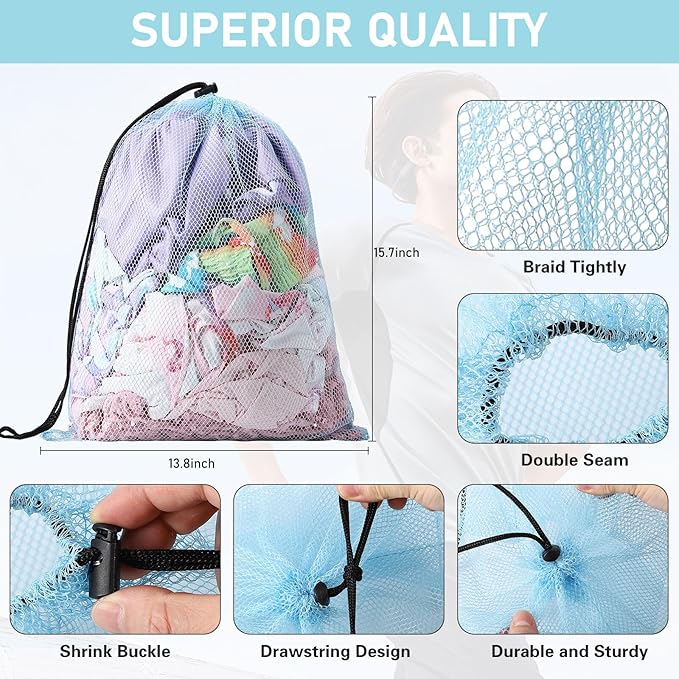 20PCS Mesh Bags: Nylon Mesh Drawstring Bags, 13"X15.5", Black, Navy Blue, Green, Light Red, Hot Pink, Orange, Grey, Purple, Yellow - Gym, Shower, Travel, Laundry, Storage, Organization, Beach
