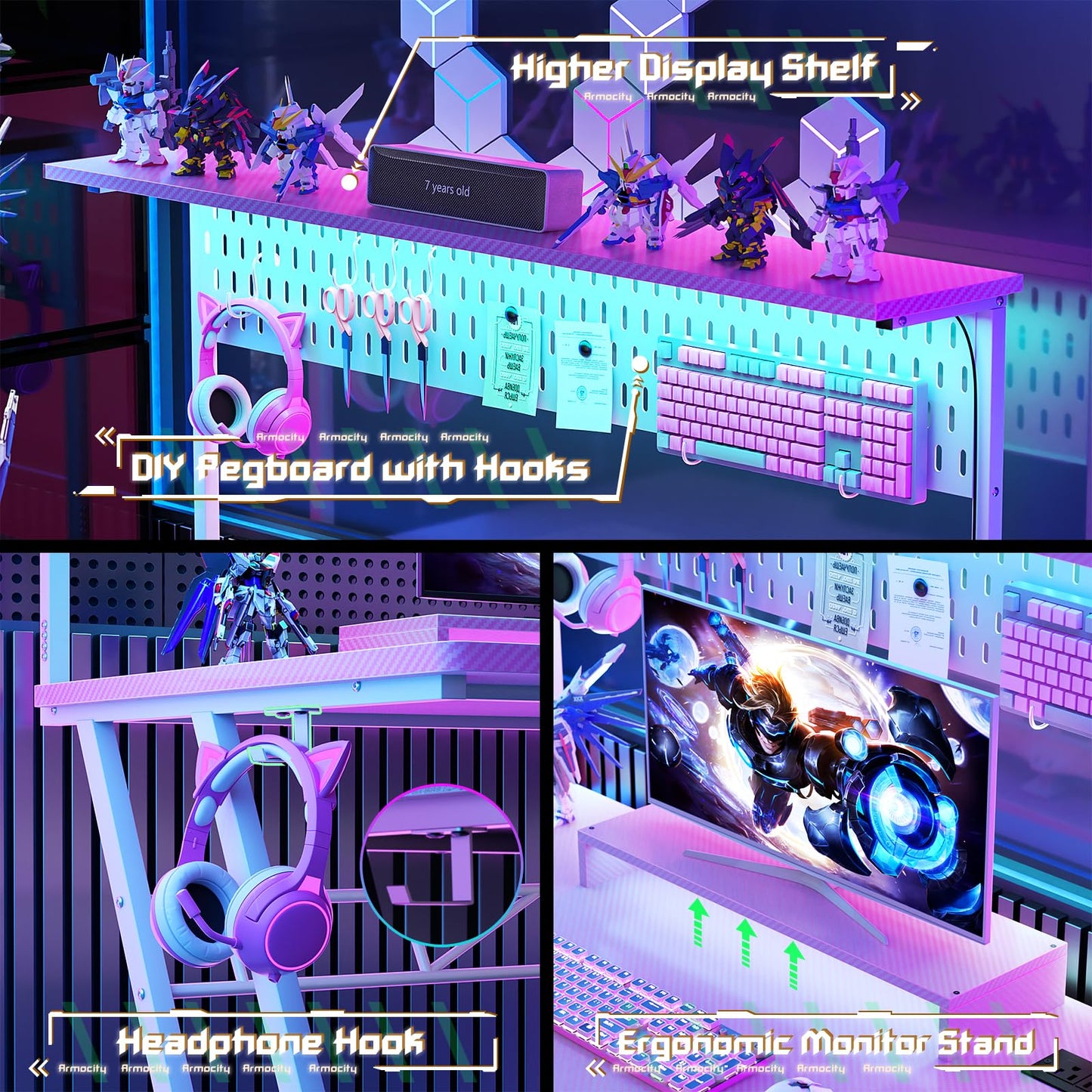 Armocity Gaming Computer Desk with Power Outlets, Gaming Desk with Hutch and LED Lights, Reversible PC Gaming Desk with Pegboard, Carbon Fiber Pink, 47"