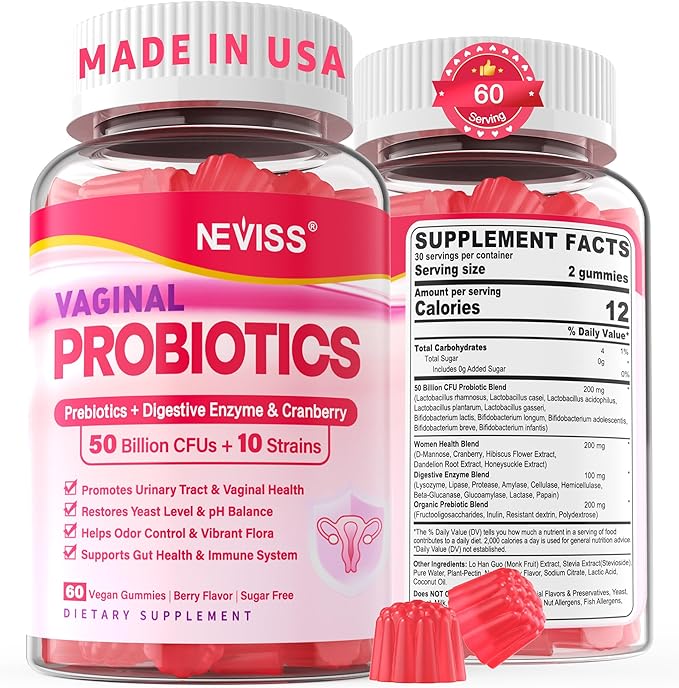 Vaginal Probiotics Gummies for Women PH Balance, Odor Control with Prebiotics, Cranberry, D-Mannose, Promotes Feminine Healthy Vaginal Flora, Urinary Tract, Yeast, Digestive Support, Sugar Free,60Cts