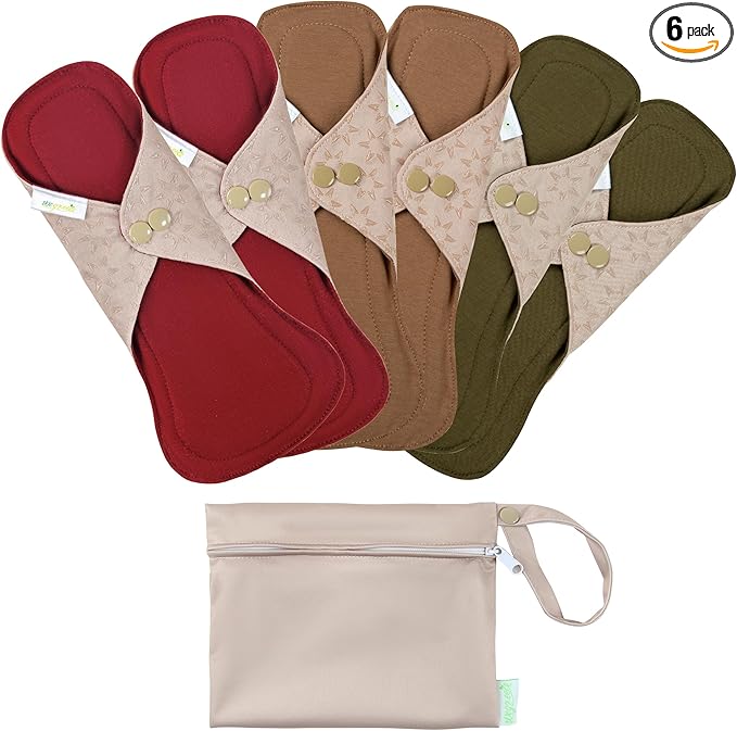 wegreeco 6 Pcs Reusable Menstrual Pads, Ultra Absorbent Cloth Pads for Heavy Flow, Sanitary for Teens, Women, Nonslip, Inner Aqua, Burgundy, Coffe, Rose Gold Outer, XL